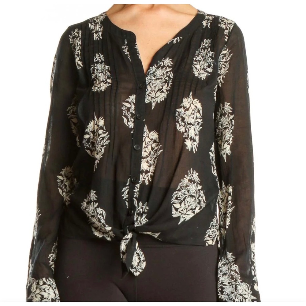 Lucky Brand Women's L Black White Floral Cotton Sheer Tie Front Blouse